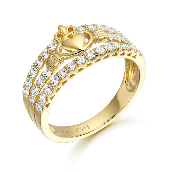 9kt Gold CZ Claddagh Ring with Micro Pave stone setting