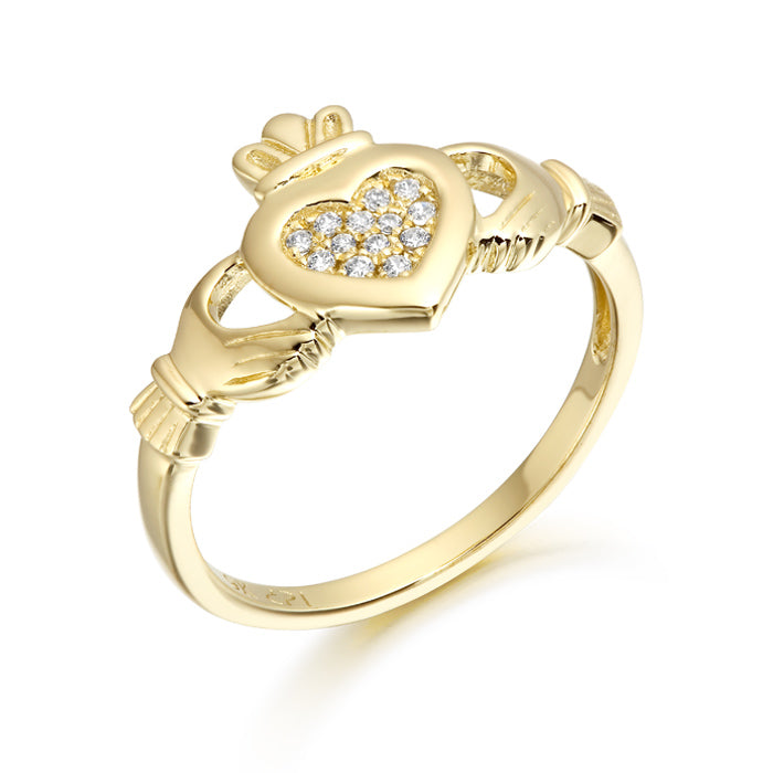 9kt Gold CZ Claddagh Ring with MicroPave Stone setting