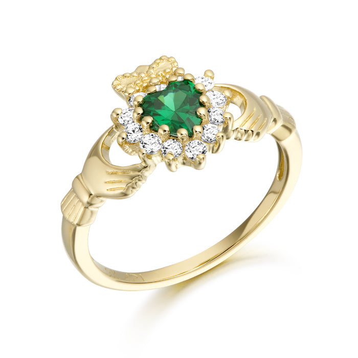 9kt Gold CZ Emerald Claddagh Ring
