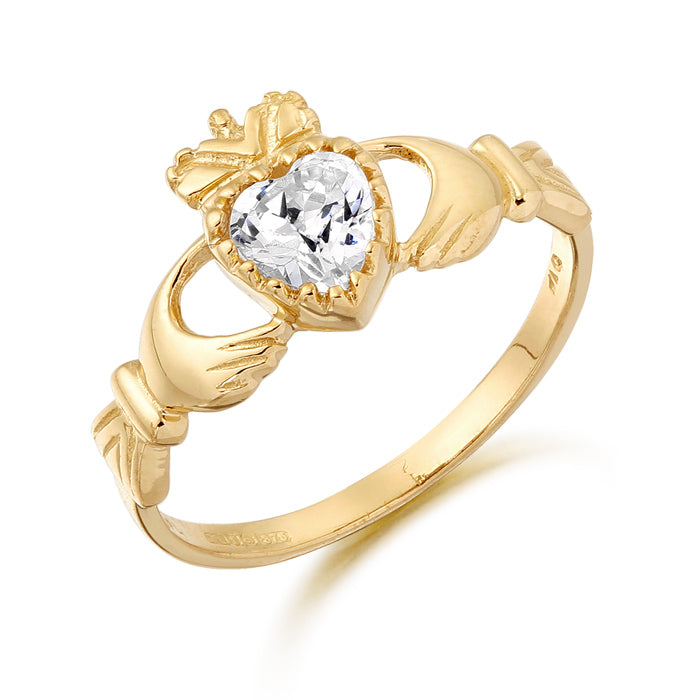 9kt Gold CZ Ladies Claddagh Ring