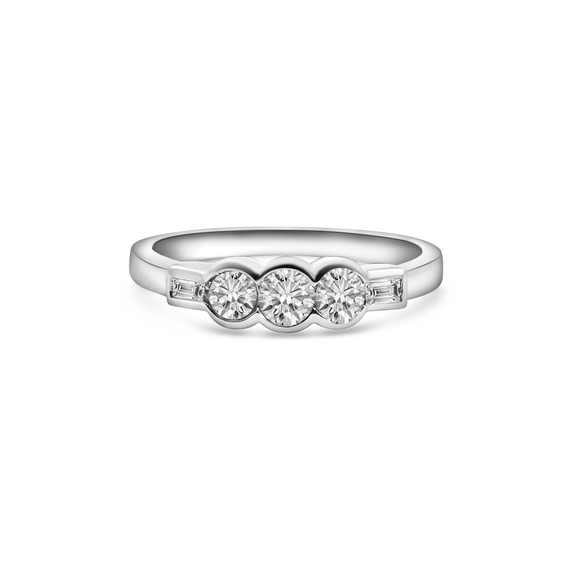 18kt Three Stone Rubover Engagement Ring