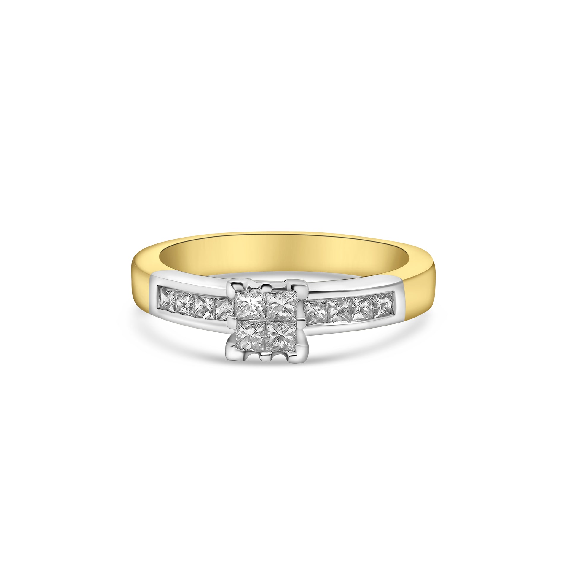 18kt Two Tone Princess Cut Solitaire Quad Diamond Engagement Ring