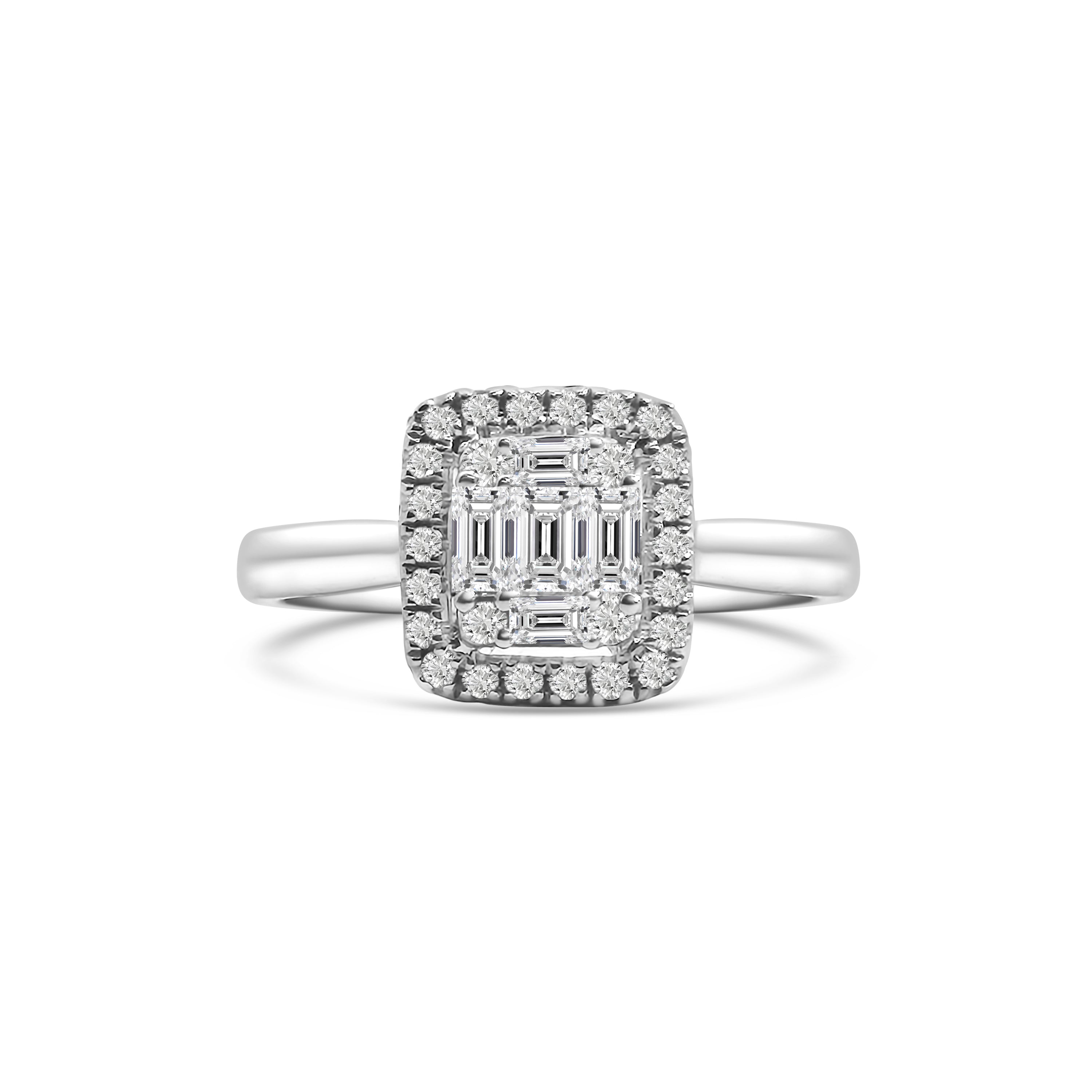 18kt Brilliant and Emerald Cut Halo Diamond Engagement Ring