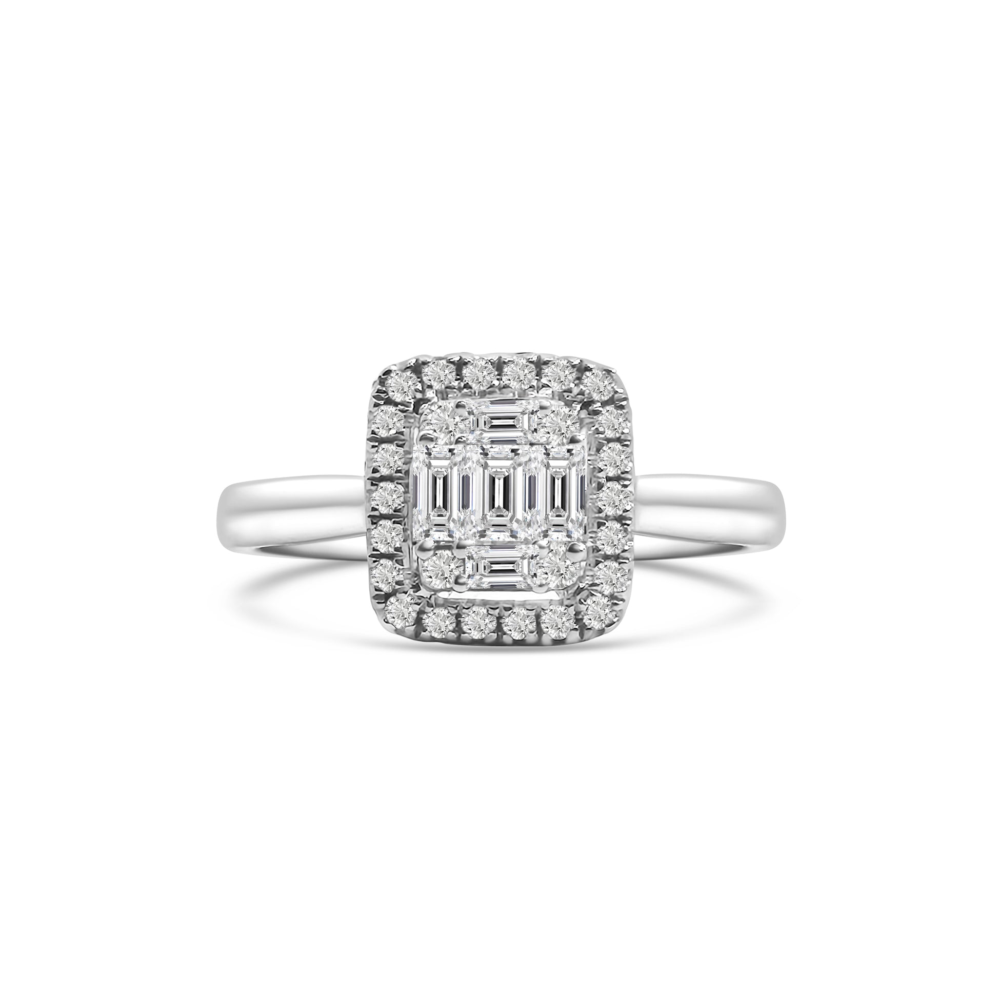 18kt Brilliant and Emerald Cut Halo Diamond Engagement Ring