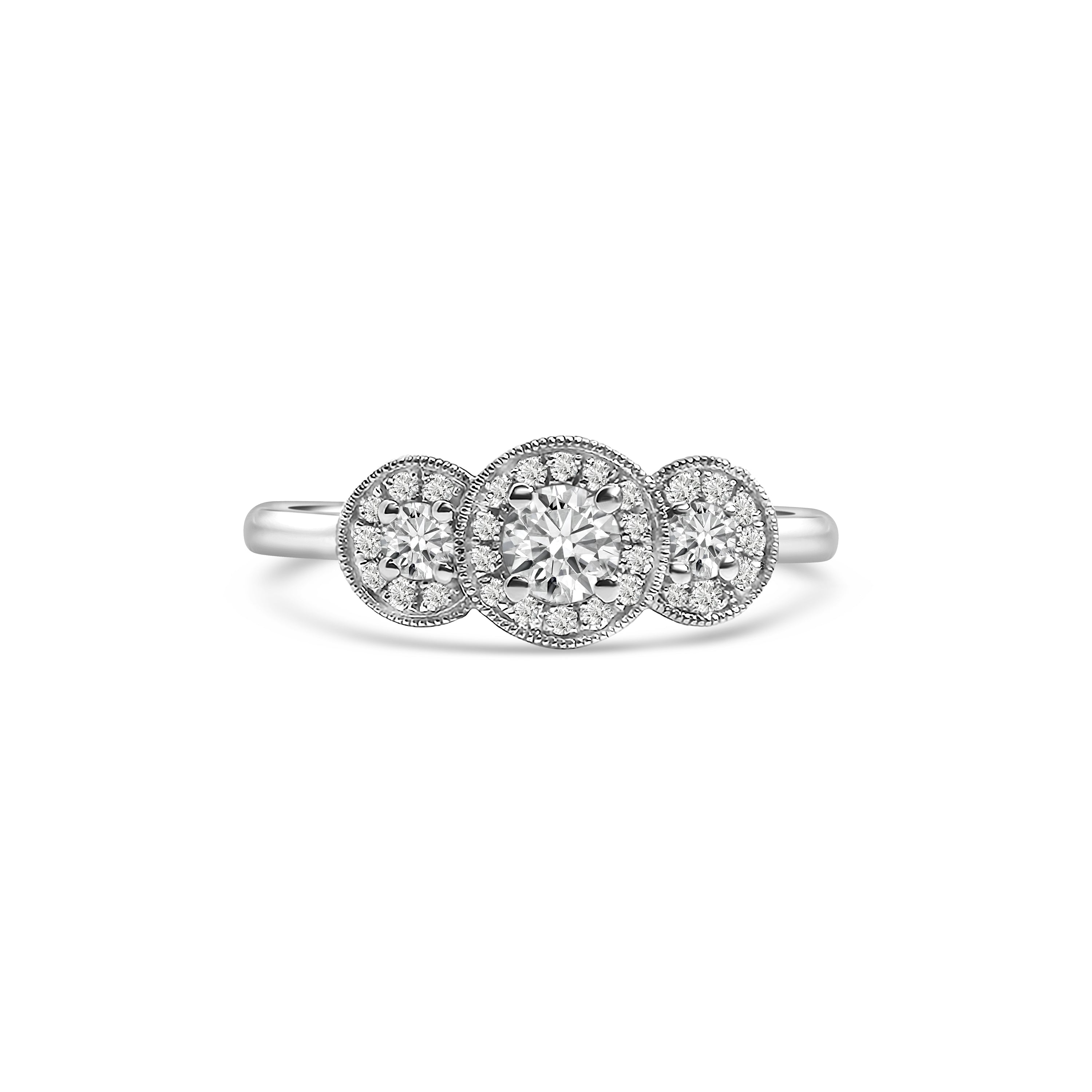 18kt Three Stone Halo Diamond Engagement Ring