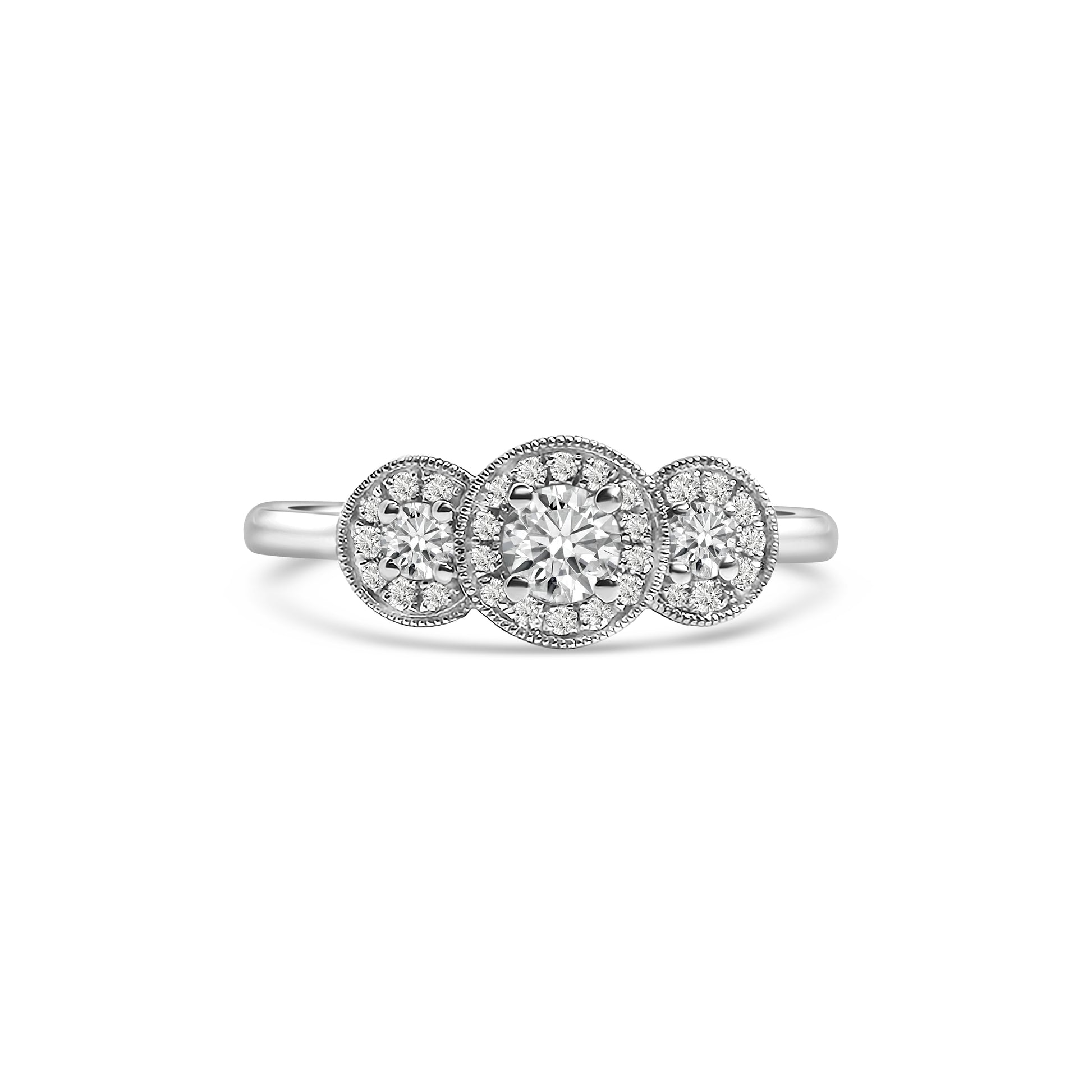 18kt Three Stone Halo Diamond Engagement Ring
