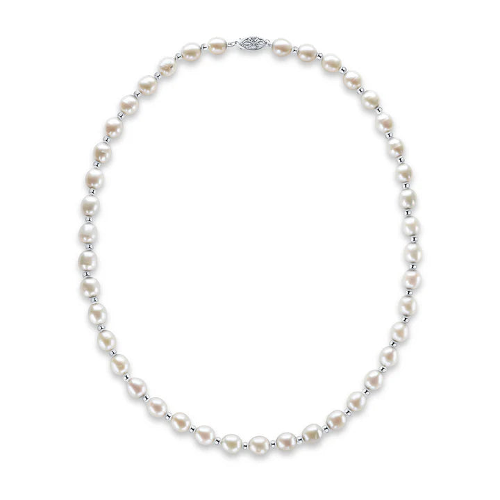 9kt White Gold Bead and White Oval Pearl Necklace