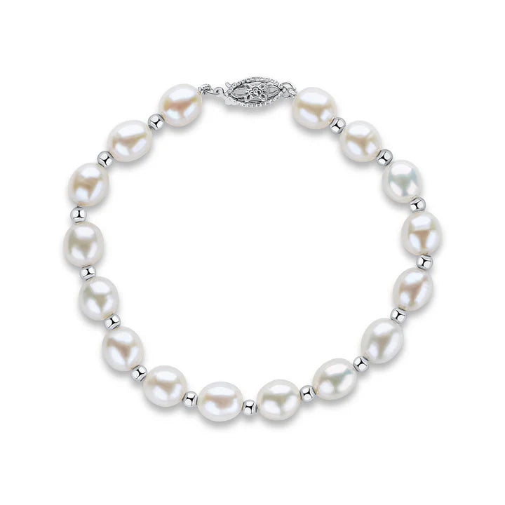 9kt White Gold Bead and 7mm White Oval Pearl Bracelet