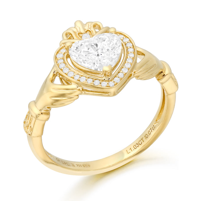 18kt Gold Lab Claddagh Diamond Ring
