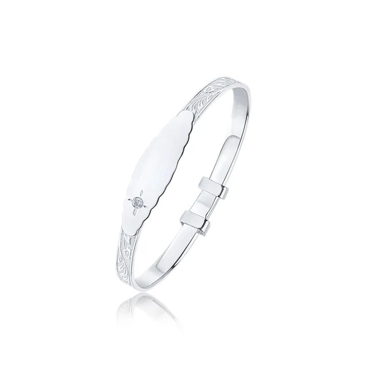 Floral Baby Bangle with ID Engraving Plate & CZ