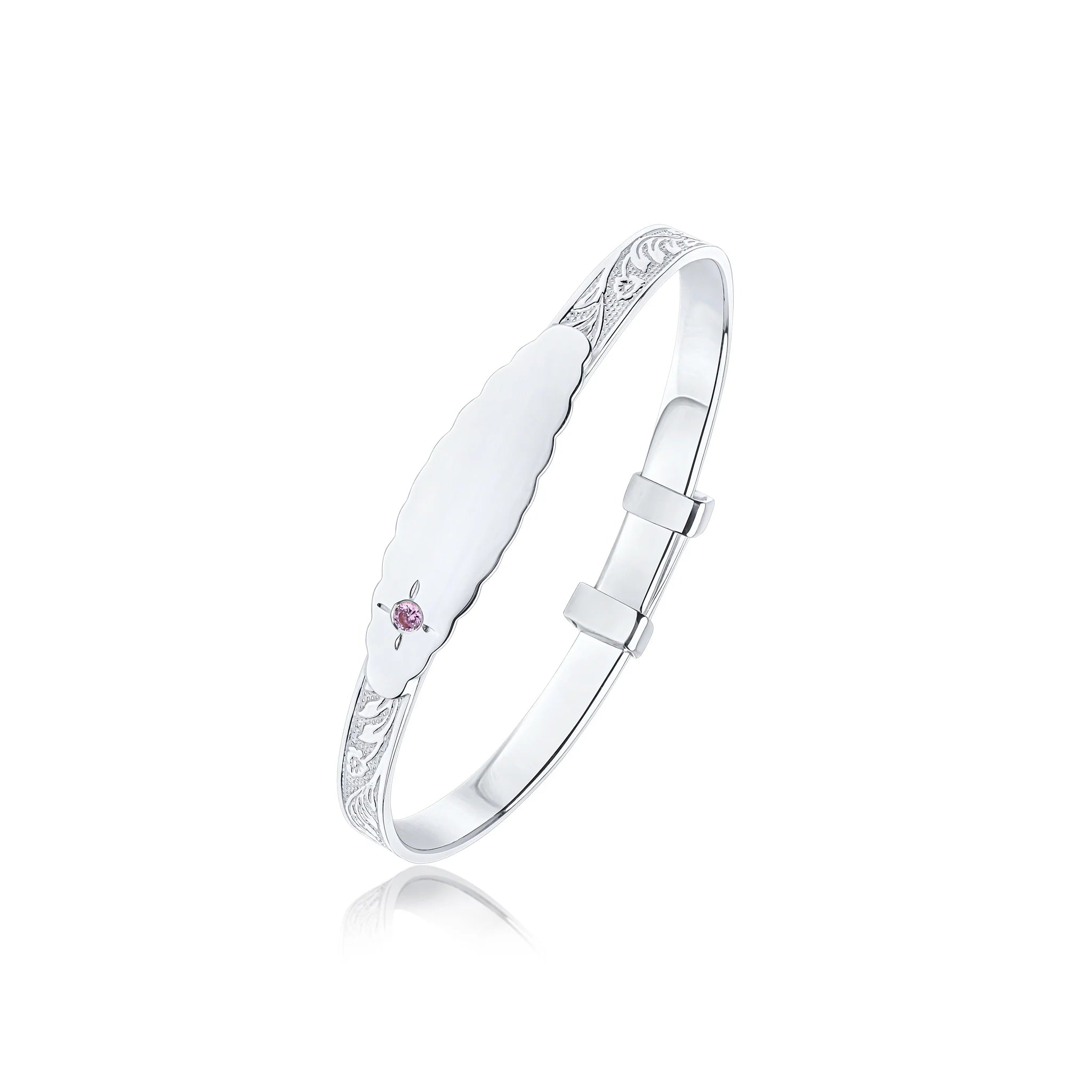 Floral Leaf Baby Bangle with ID Engraving Plate & Pink CZ