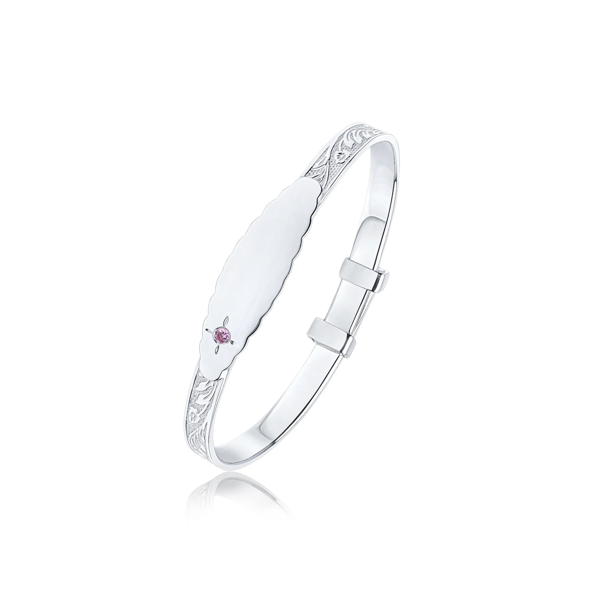 Floral Leaf Baby Bangle with ID Engraving Plate & Pink CZ