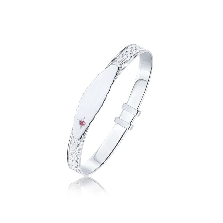 Claddagh Ring Baby Bangle with ID Engraving Plate & Pink CZ