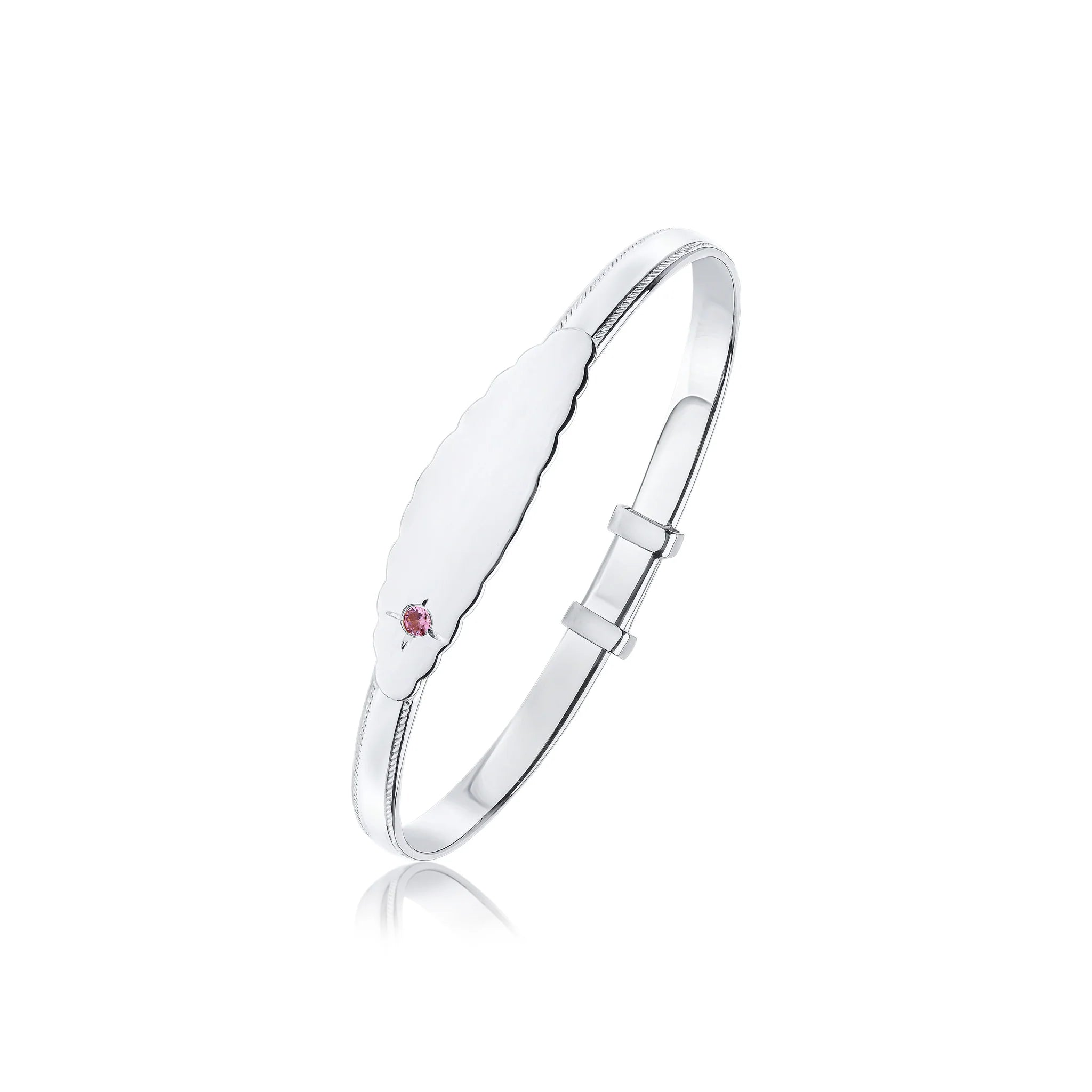 Beaded Edge Baby Bangle with ID Engraving Plate & Pink CZ