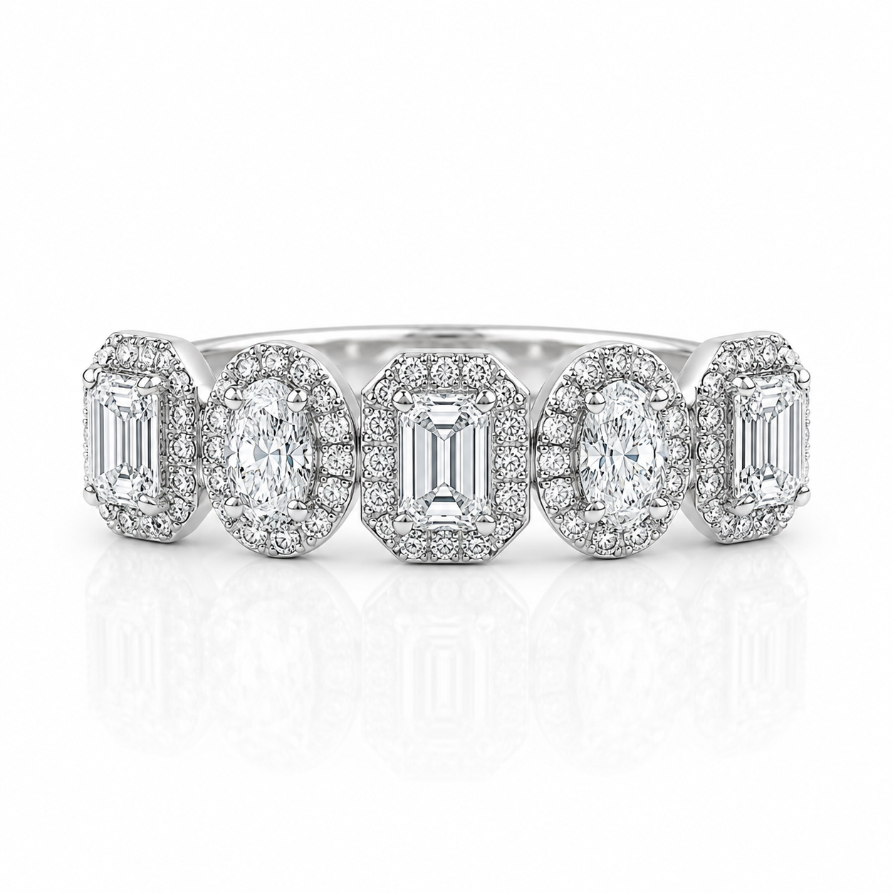 18kt Diamond Oval and Emerald Cut Halo Dress Ring