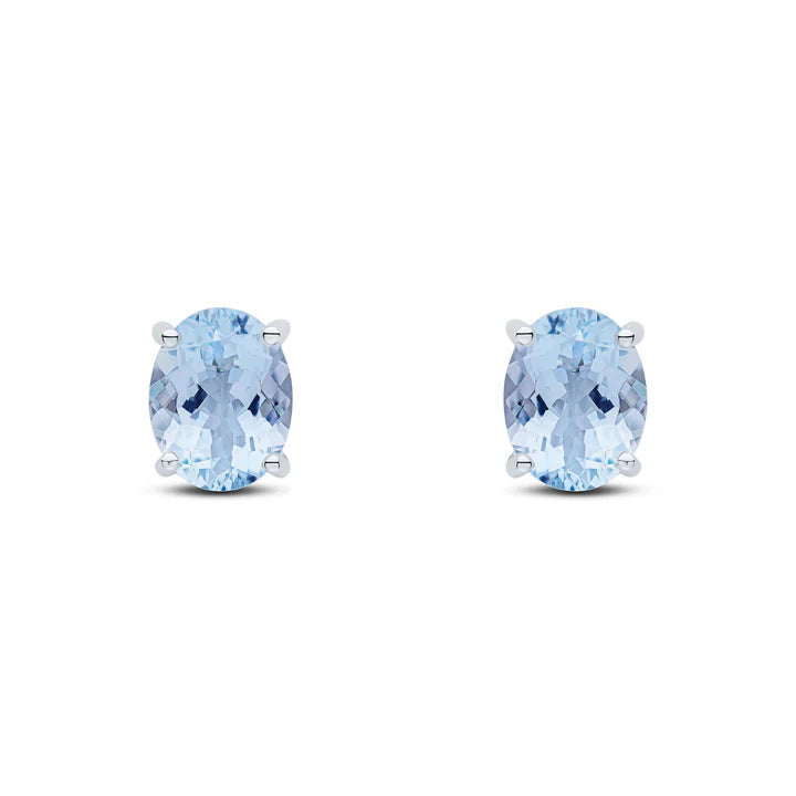 9kt White Gold Oval Aquamarine Claw Stud Earrings