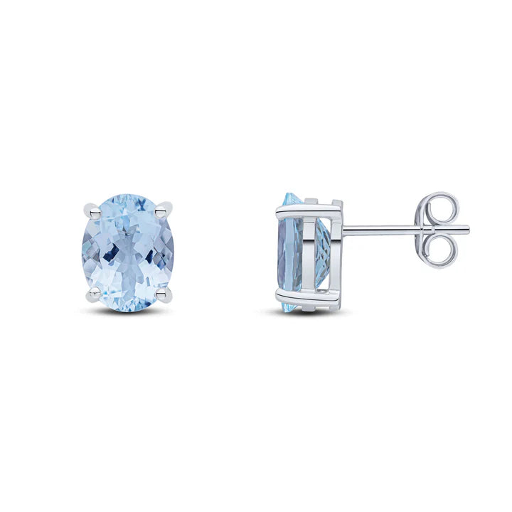 9kt White Gold Oval Aquamarine Claw Stud Earrings