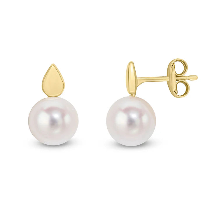 9kt Yellow Gold Polished Pear shaped Top and Freshwater Pearl Stud Earrings
