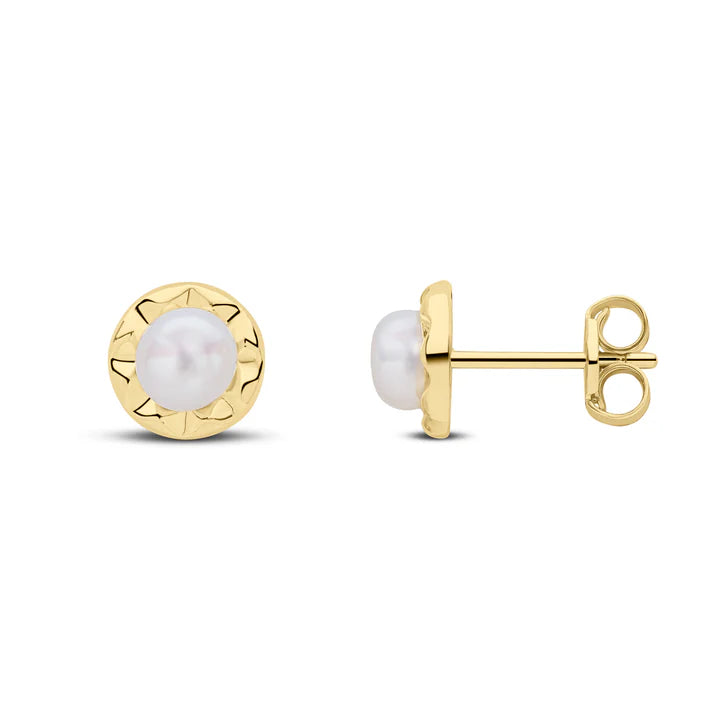 9kt Yellow Gold Crinkle Border Pearl Stud Earrings