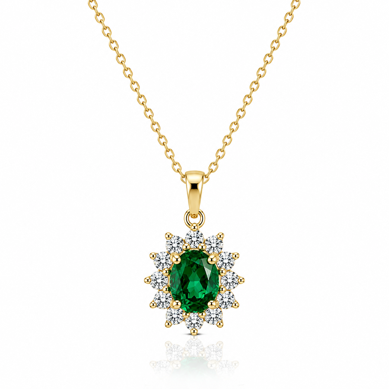9kt Lab Grown Emerald and Diamond Cluster Pendant and Chain