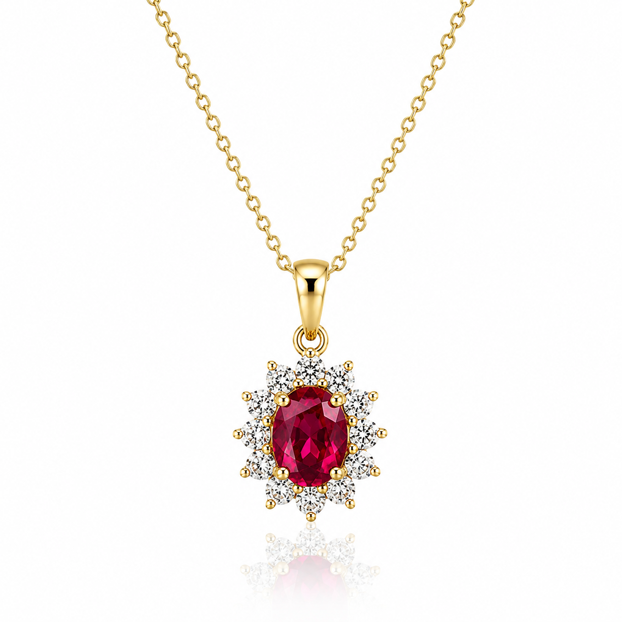 9kt Lab Grown Ruby and Diamond Cluster Pendant and Chain