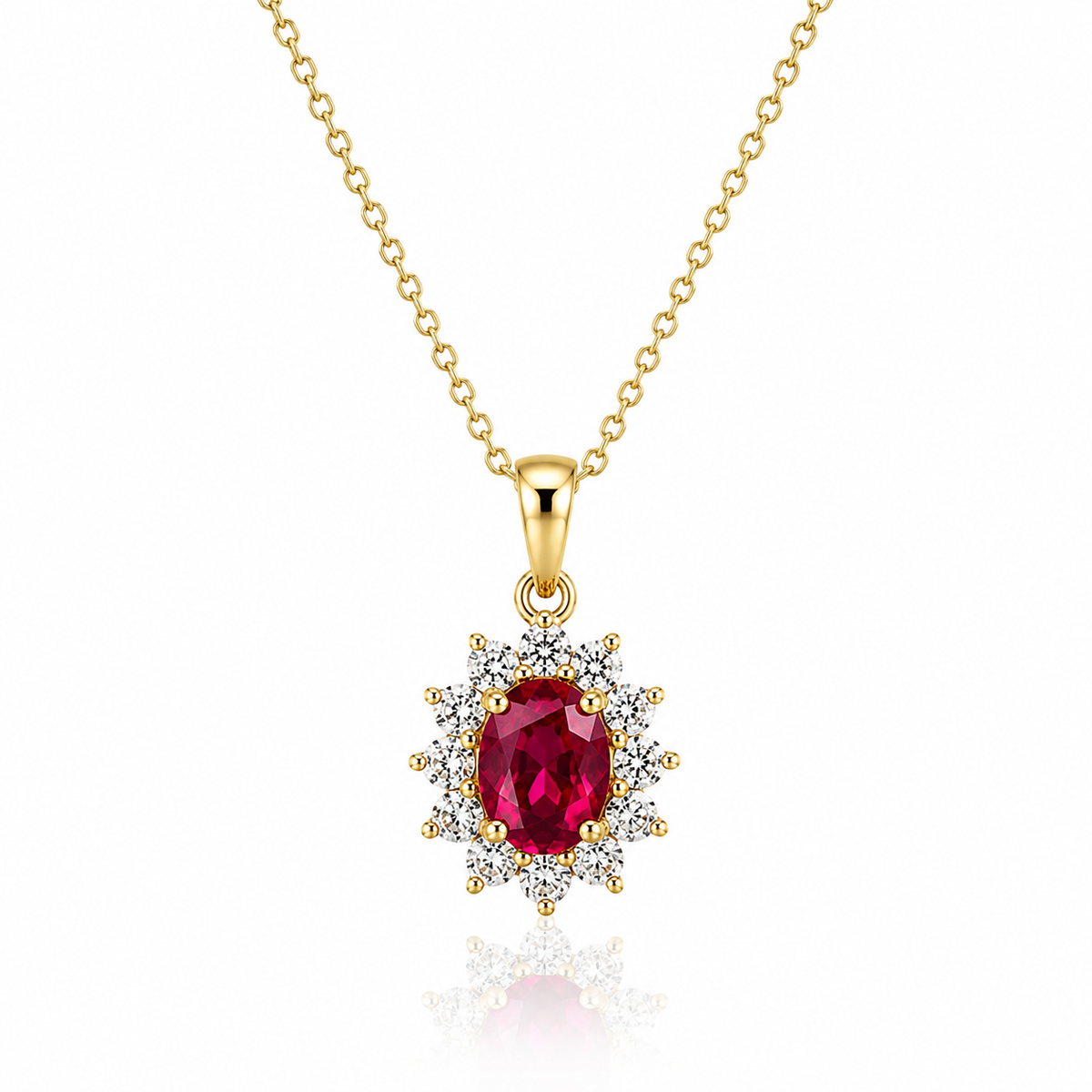 9kt Lab Grown Ruby and Diamond Cluster Pendant and Chain