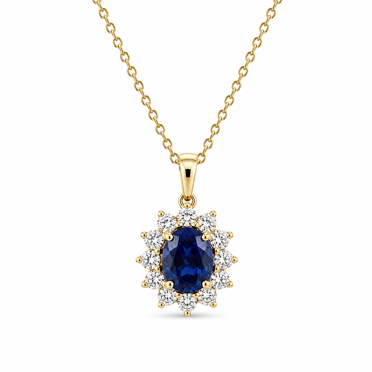 9kt Lab Grown Sapphire and Diamond Cluster Pendant and Chain
