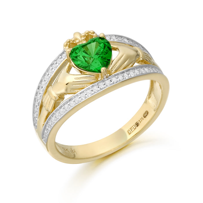 9kt CZ Emerald Claddagh Ring