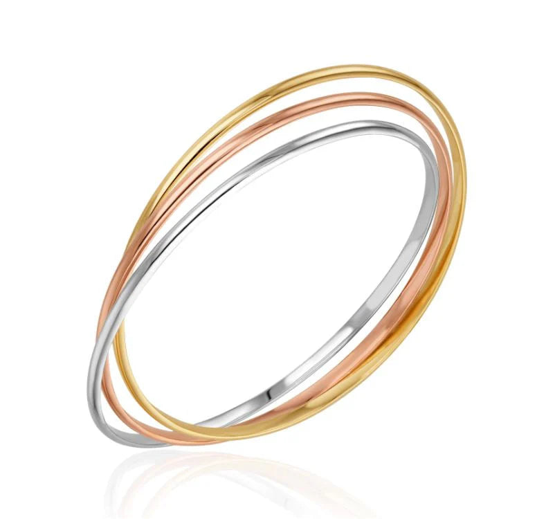 9kt Three Tone Yellow, White & Rose Gold Solid Russian Round Bangle