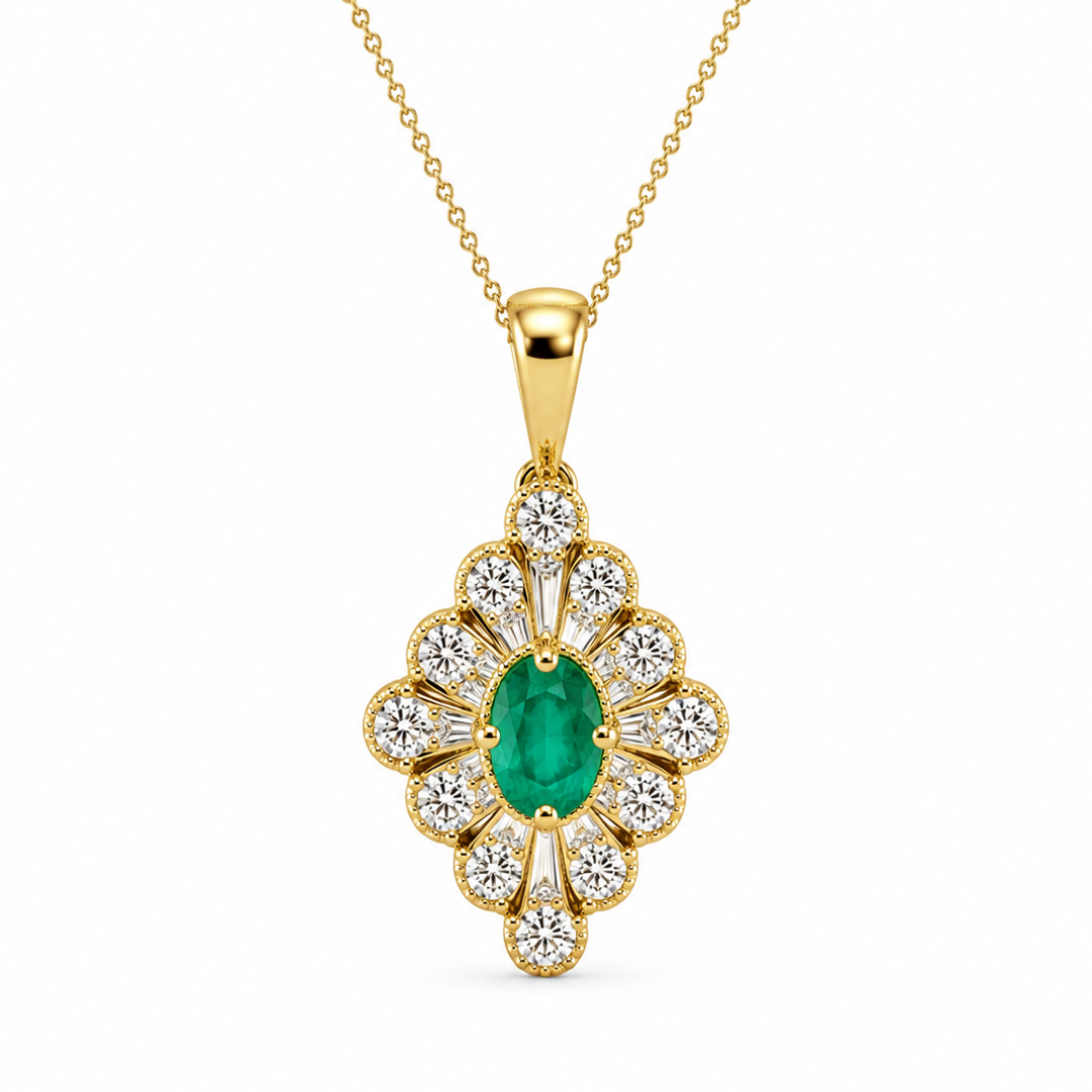 9kt Emerald and Diamond Vintage Style Pendant