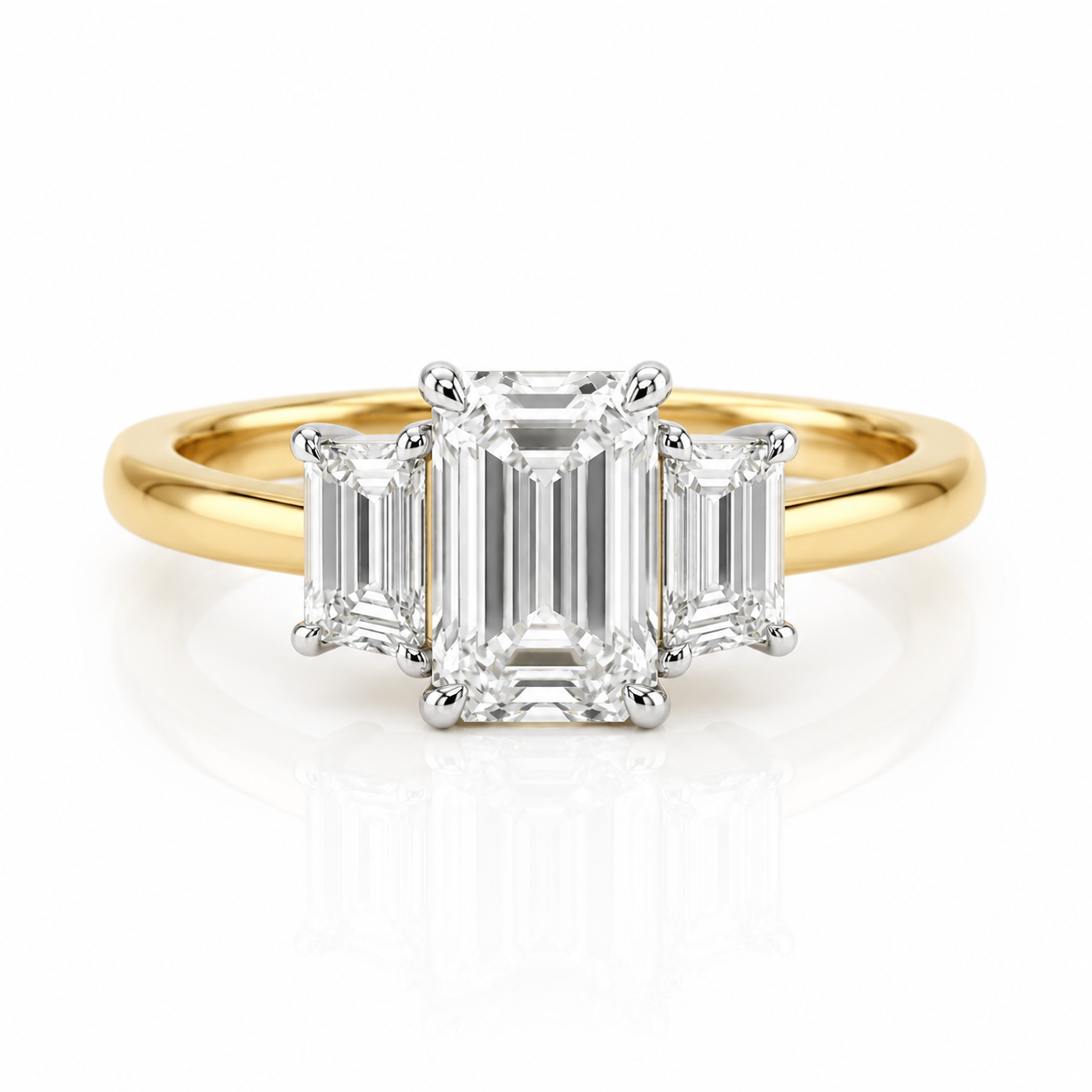Lab Diamond 18kt Emerlad and Trapez Cut Three Stone Engagement Ring