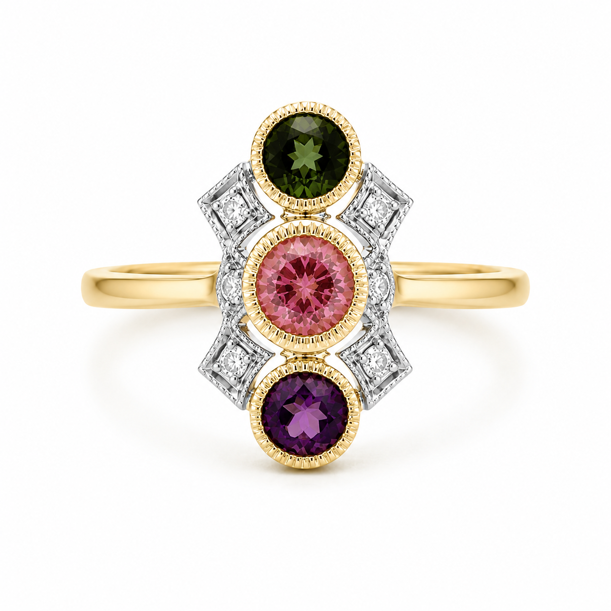 9kt Amethyst, Pink Sapphire, Green Tourmaline and Diamond Dress Ring