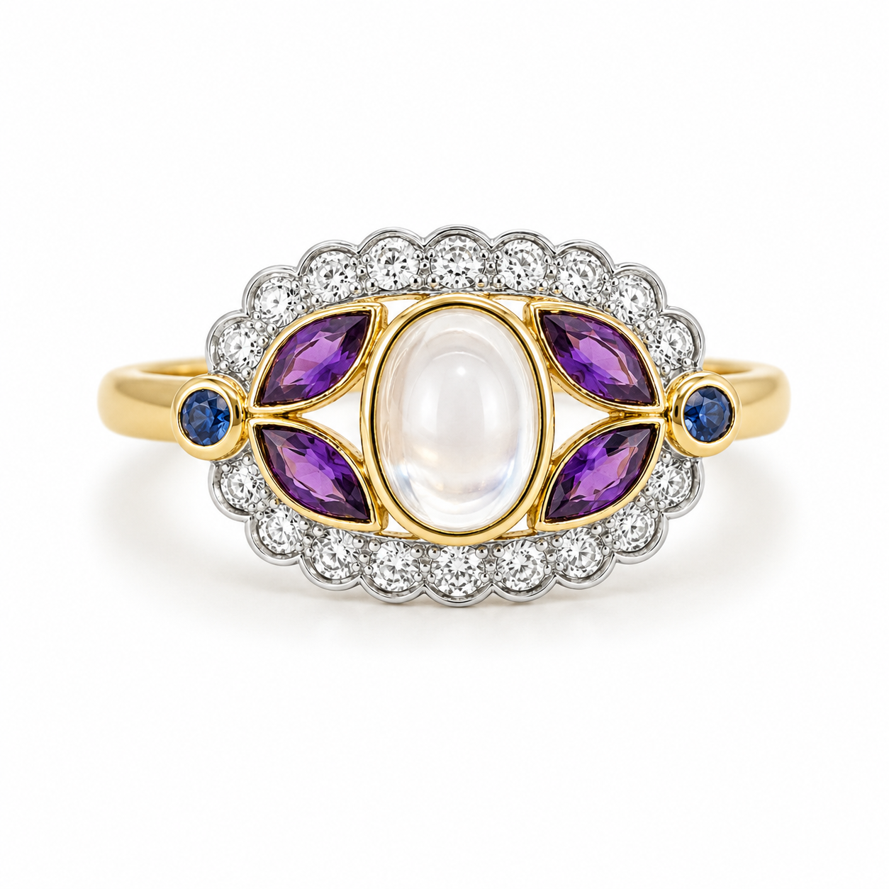 9kt Moonstone, Amethyst, Sapphire and Diamond Dress Ring