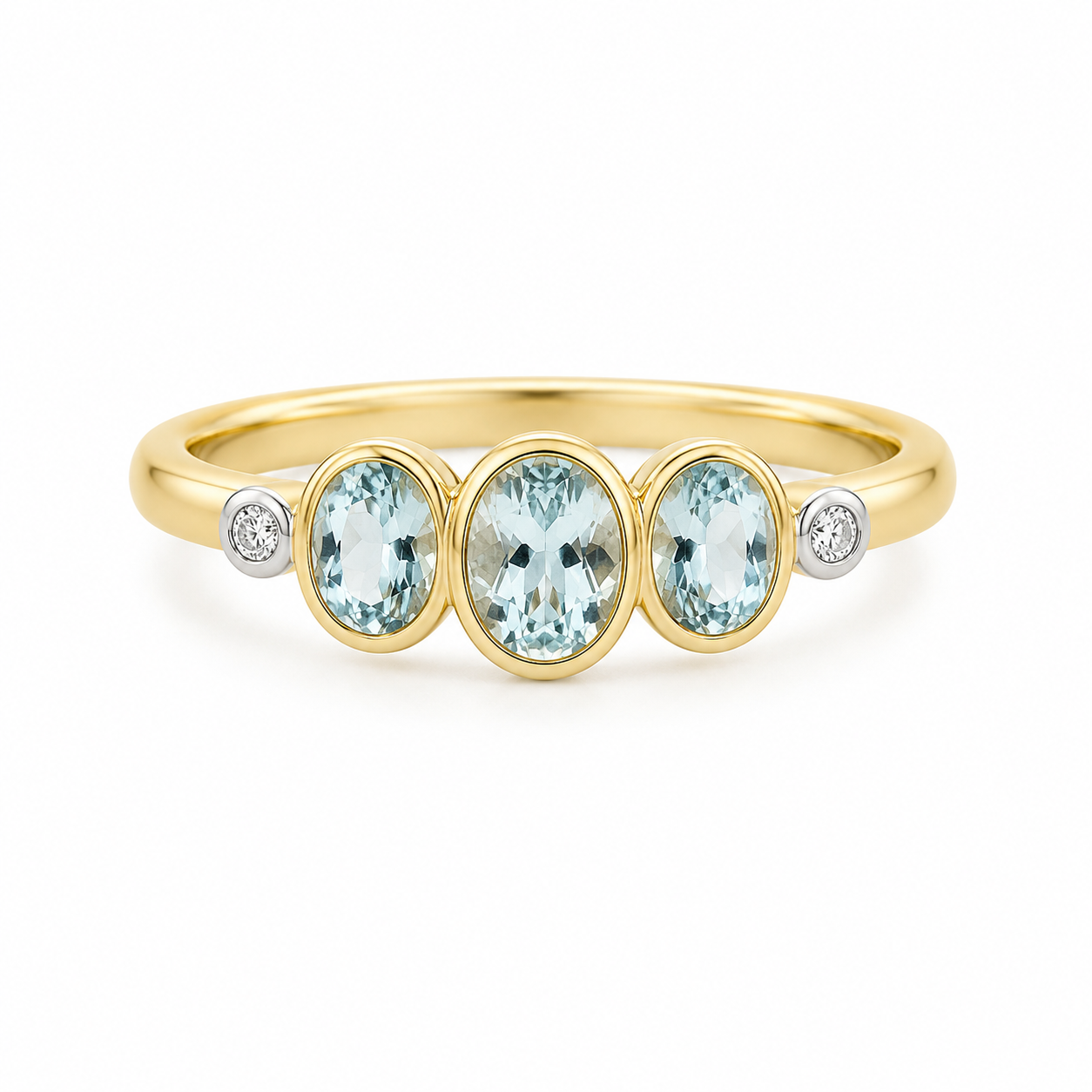 9kt Aquamarine and Diamond Bezel Set Dress Ring