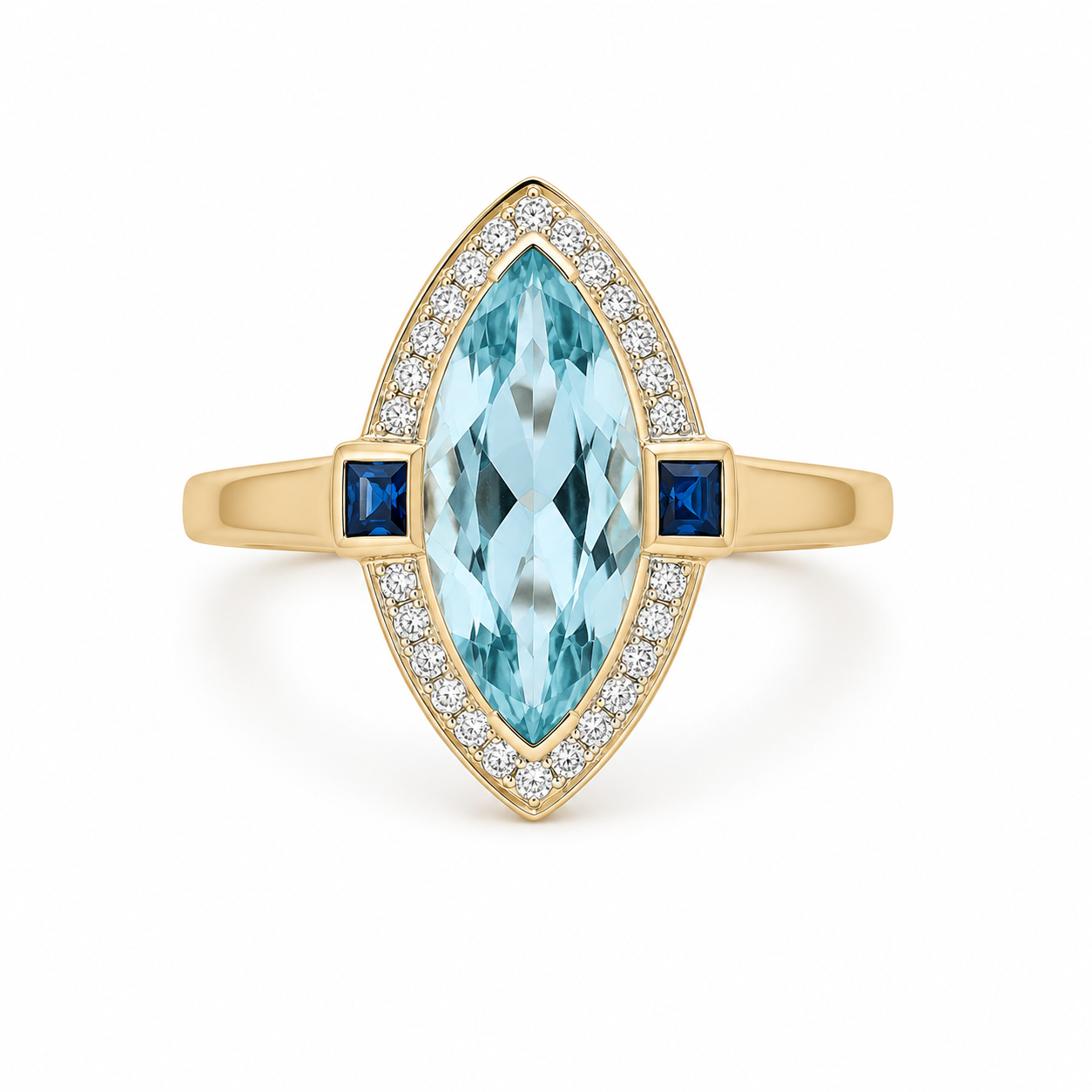 9kt Blue Topaz, Sapphire and Diamond Marquise Dress Ring