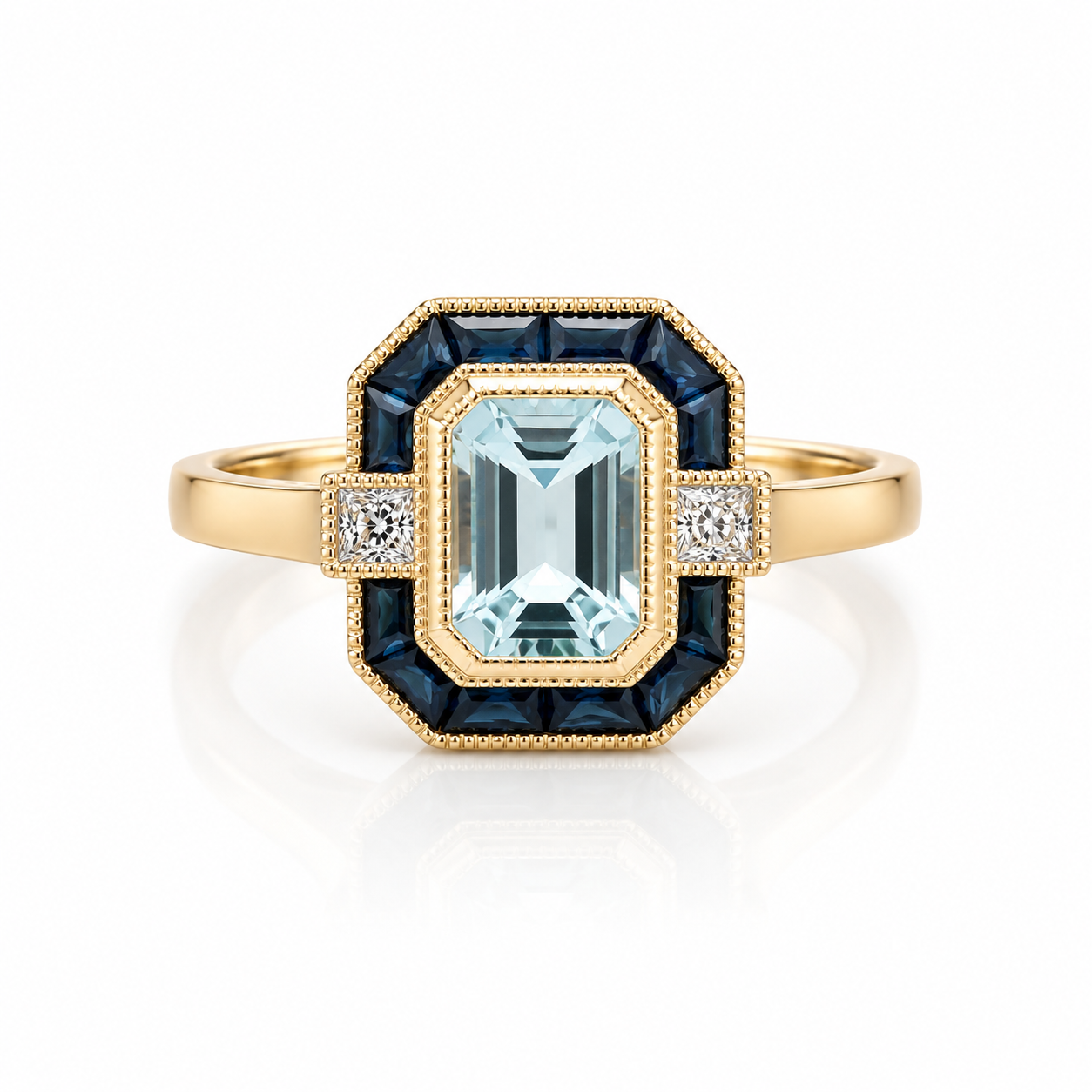 9kt Blue Topaz, Sapphire and Diamond Art Deco Dress Ring
