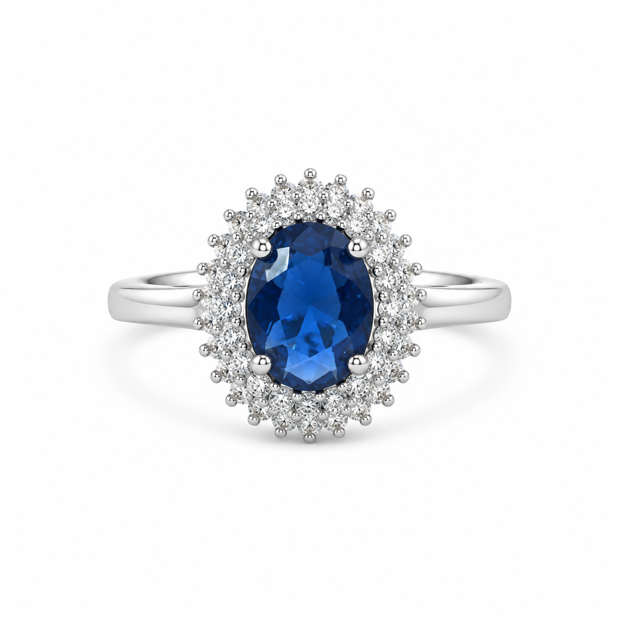 Blue Oval CZ Double Halo Dress Ring