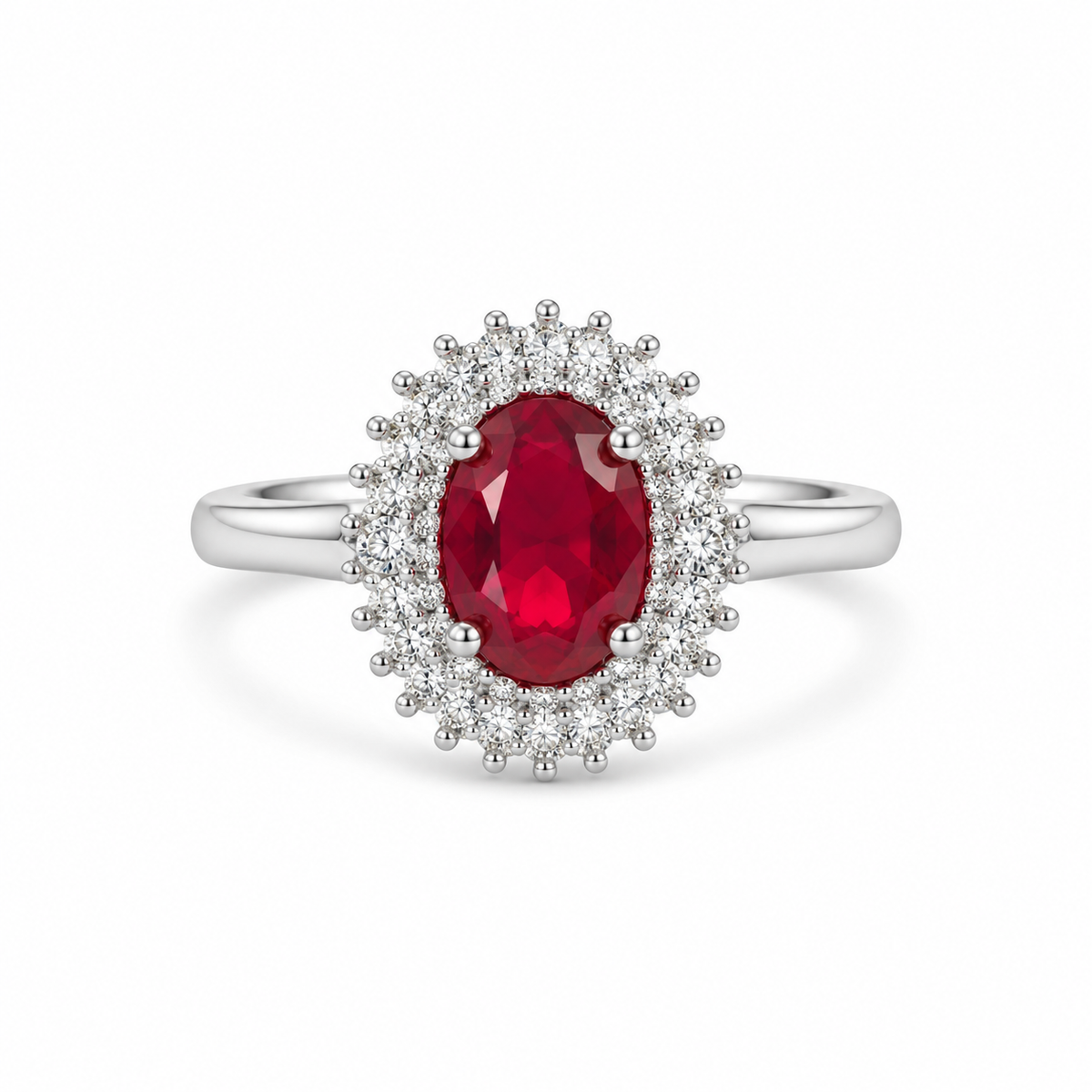Red Oval CZ Double Halo Dress Ring