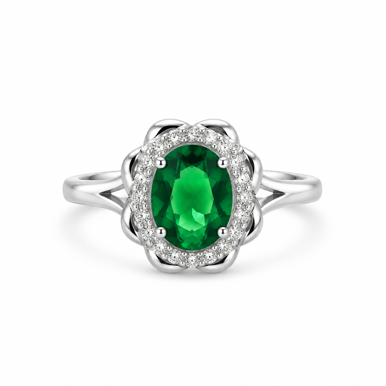 Green Oval Cut CZ Halo Dress Ring