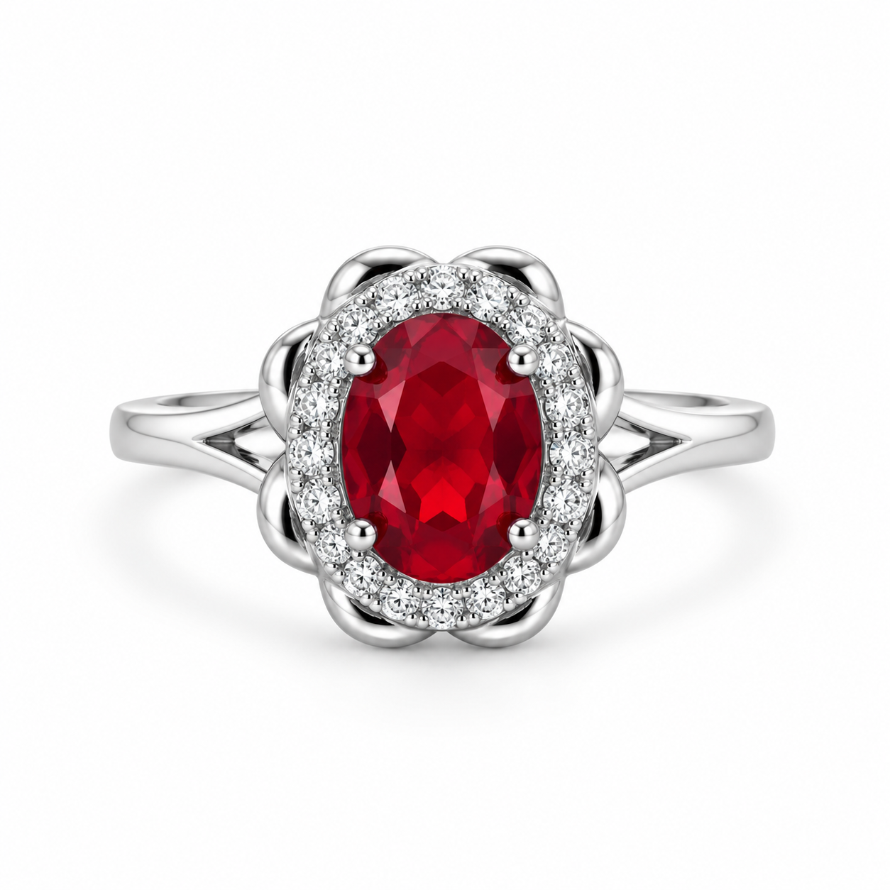 Red Oval Cut CZ Halo Dress Ring