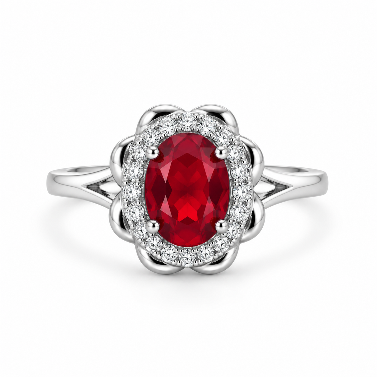 Red Oval Cut CZ Halo Dress Ring