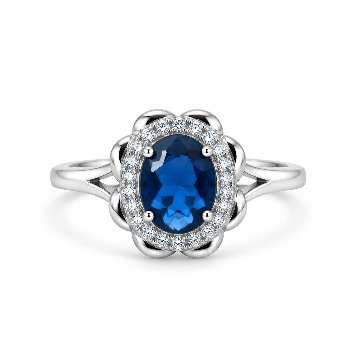 Blue Oval Cut CZ Halo Dress Ring
