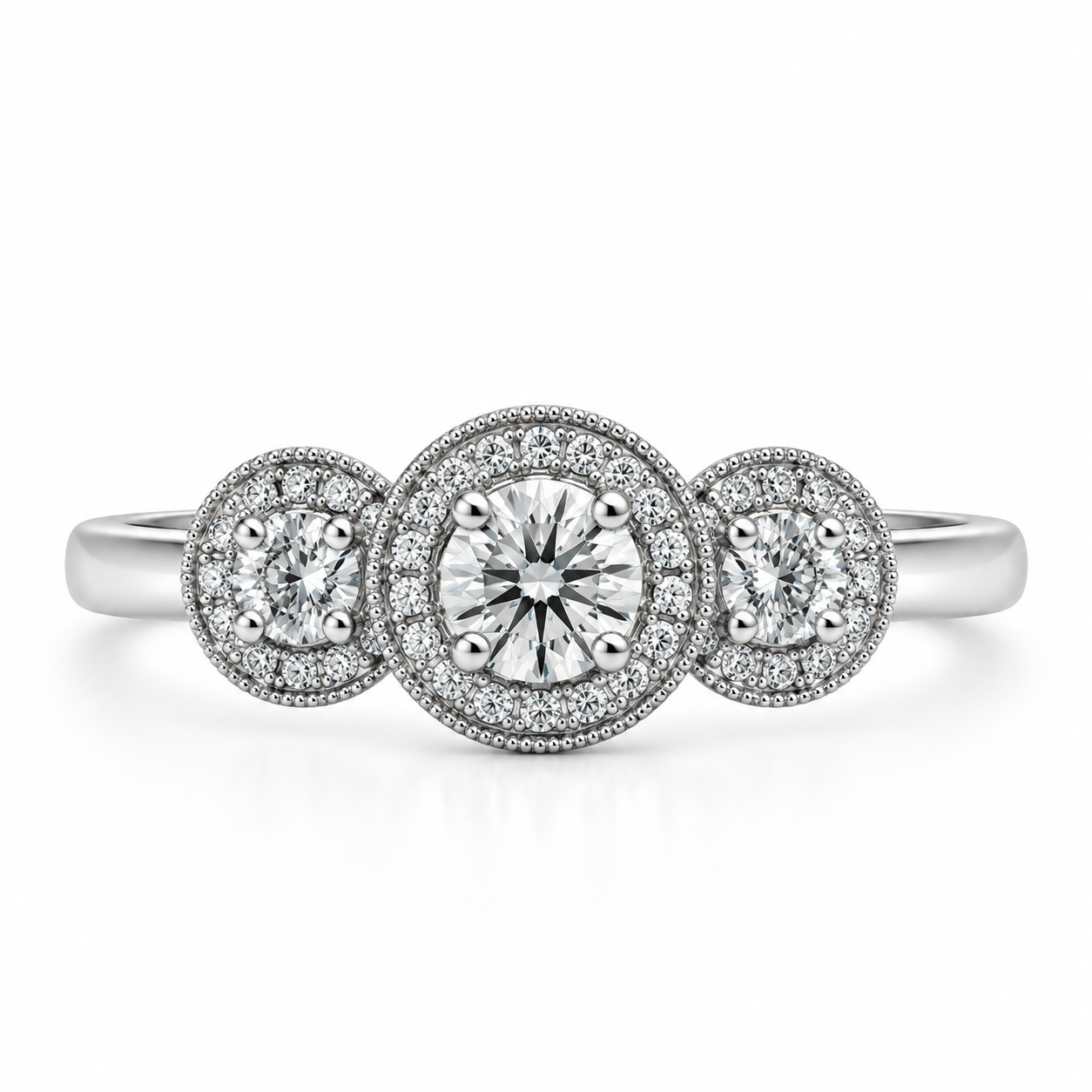 18kt Three Stone Halo Diamond Engagement Ring