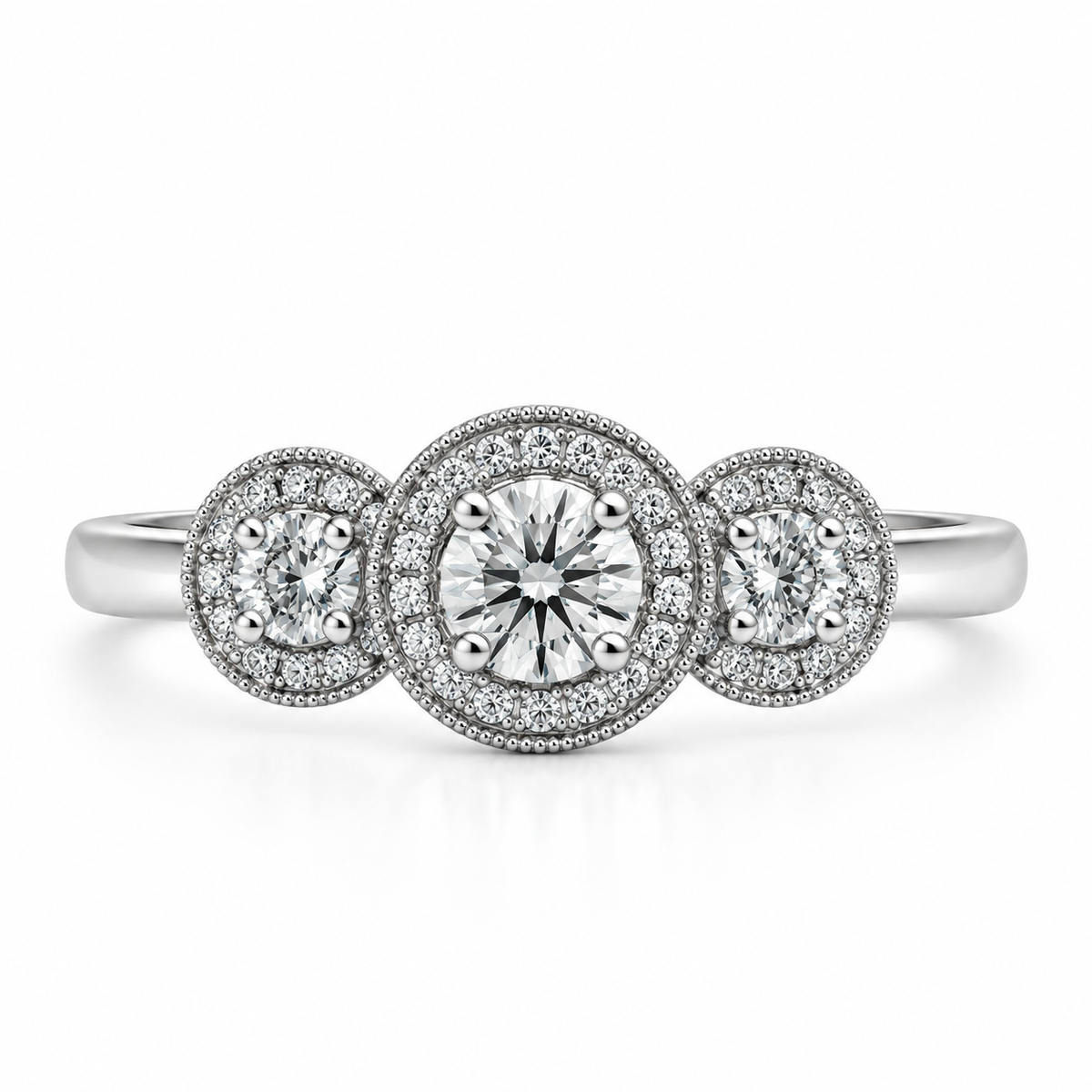 18kt Three Stone Halo Diamond Engagement Ring