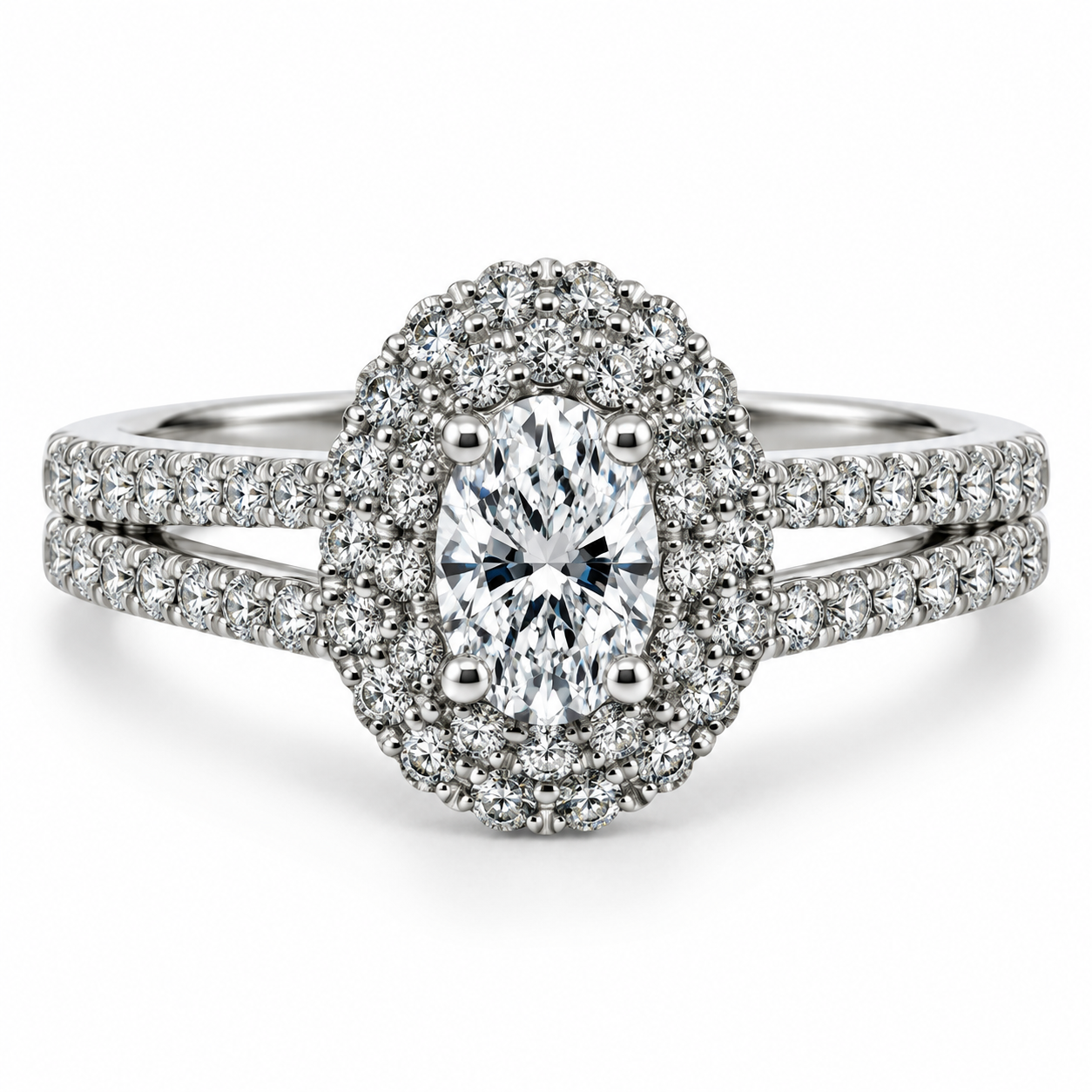 Platinum Oval Double Halo Diamond Engagement Ring
