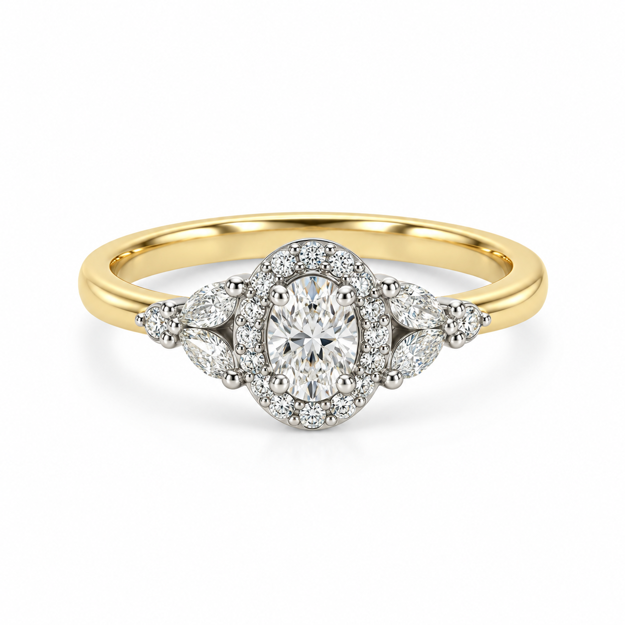 9kt Oval Cluster With Marquise Side Diamond Engagement Ring