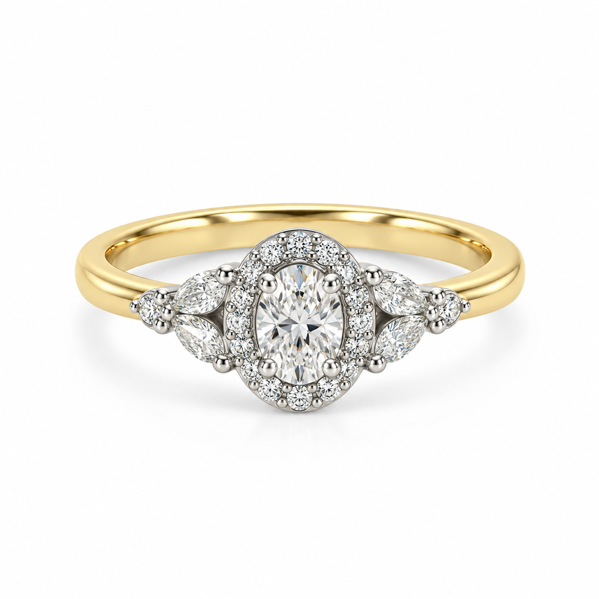 9kt Oval Cluster With Marquise Side Diamond Engagement Ring