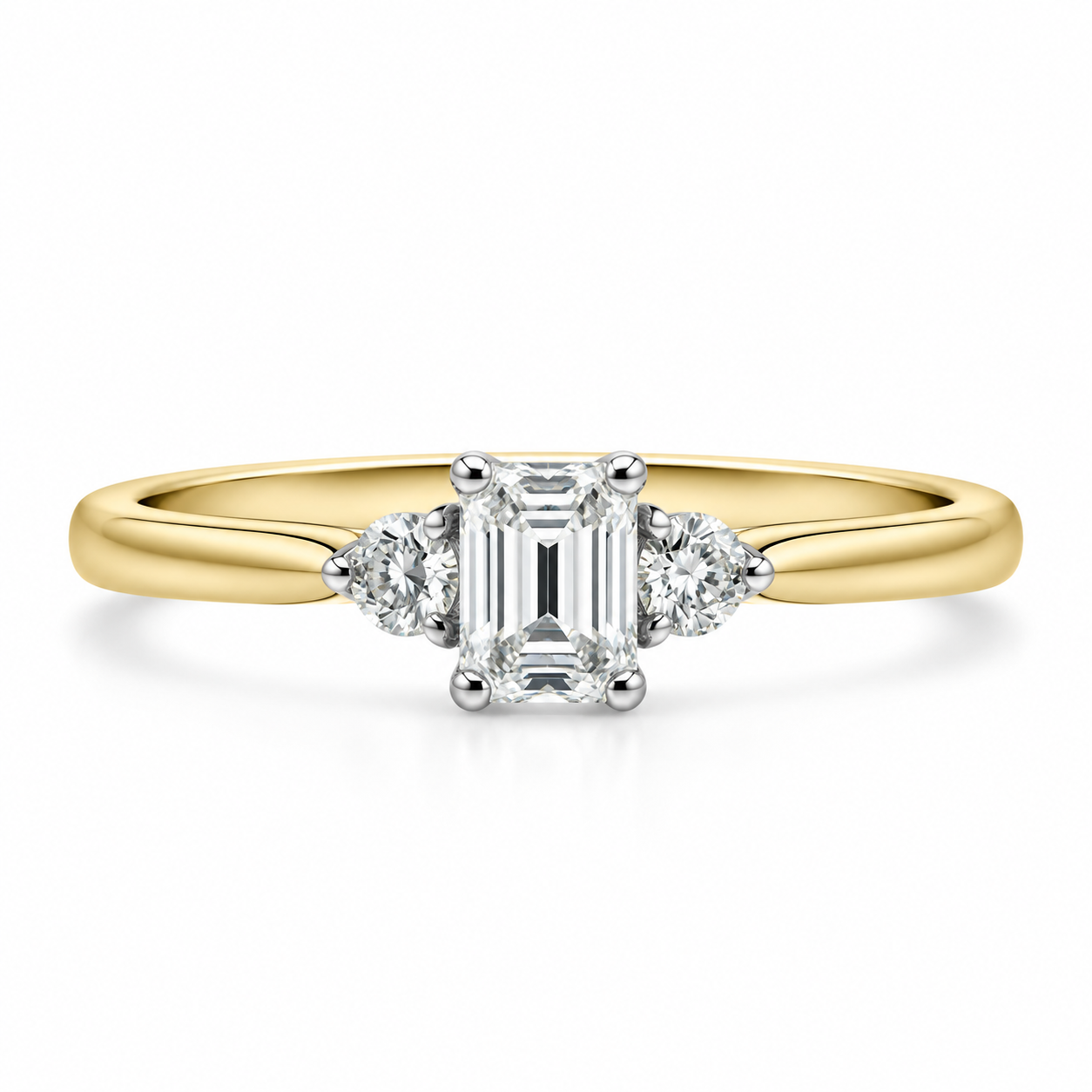9kt Emerald and Brilliant Cut Three Stone Diamond Engagement Ring