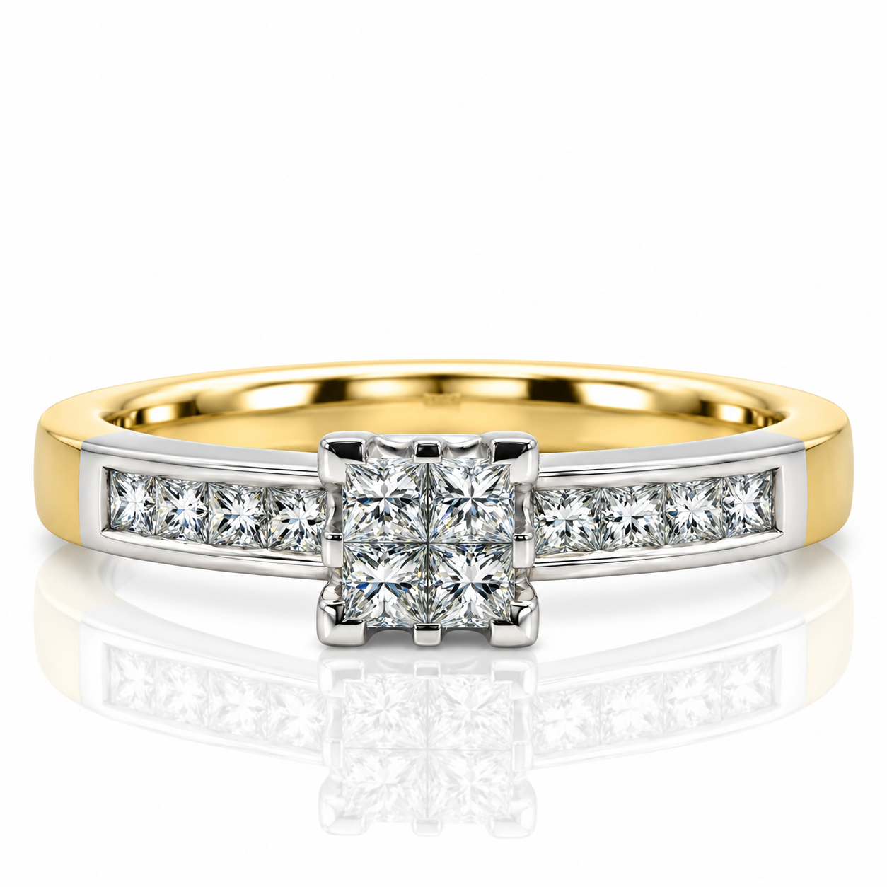 18kt Two Tone Princess Cut Solitaire Quad Diamond Engagement Ring