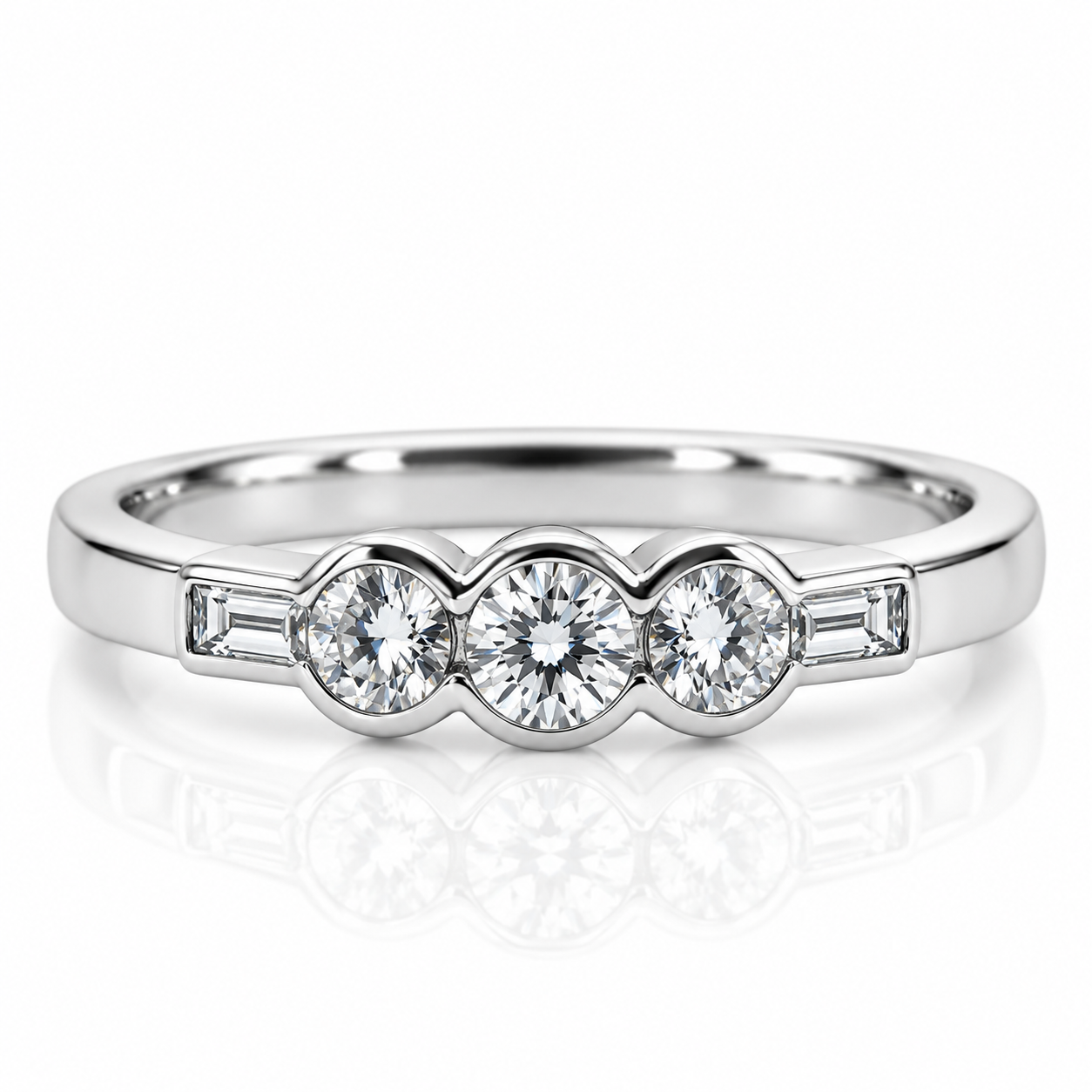 18kt Three Stone Rubover Engagement Ring